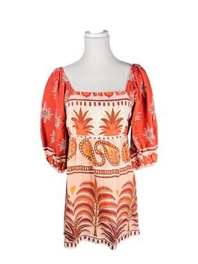 FARM Rio Morocco Square Neck Mini Dress Linen Blend Puff Sleeve Anthropologie S